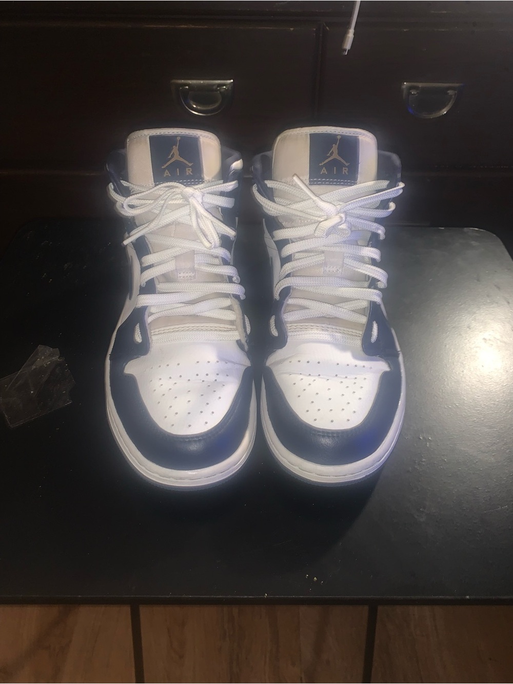 Jordan 1’s High-Top Sneakers in White & Navy Blue